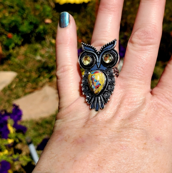 New Mosaic Jasper & Citrine Mystical Owl 925 Silver Ring. - Picture 6 of 12